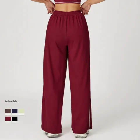 Pantalones De Chándal Mujer Cintura Alta Pernera Ancha Mezcla De Algodón Rectos Sueltos Rayas Laterales Cintura Elástica