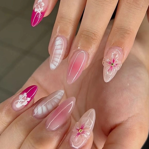 Press On Nails Mandorla Sfumato Rosa Bianco Fiori Tridimensionali Strass Elegante Riutilizzabile ABS Unghie Finte Donne