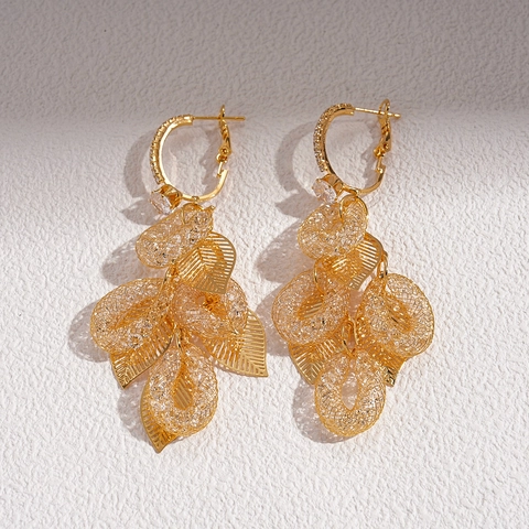 Boucles D'oreilles Feuilles À Franges Dorées Cuivre Zircon Luxe Design Maille Multi Couches Avec Tige En Argent 925