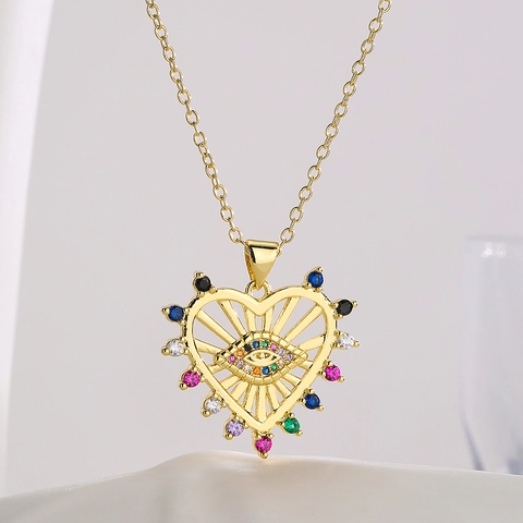 Collier Pendentif Cœur En Cuivre Plaqué Or Avec Zircon Coloré Serpent Mauvais Œil Bijoux De Mode Pour Femmes