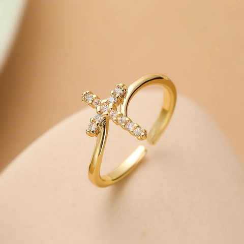 Cross Open Ring Copper Plated Gold Silver With Cubic Zirconia Geometric Adjustable Elegant Jewelry For Women