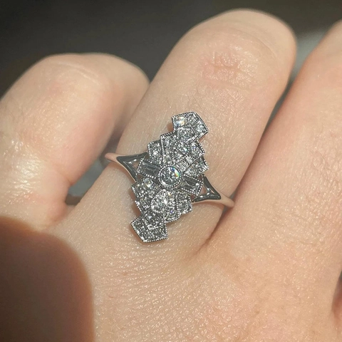 Art Deco Geometric Copper Ring With Cubic Zirconia Pave Vintage Elegant Crown Style Finger Jewelry For Women