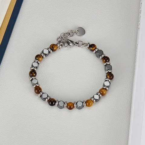 Tiger Eye Stone Hematite Beaded Bracelet For Men Stainless Steel Geometric Beads Adjustable Trendy Jewelry Gift