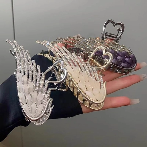 Pinza Per Capelli Ali D'angelo Elegante Lega Strass Pietra Occhio Di Gatto Artificiale Molletta Grande Per Donna