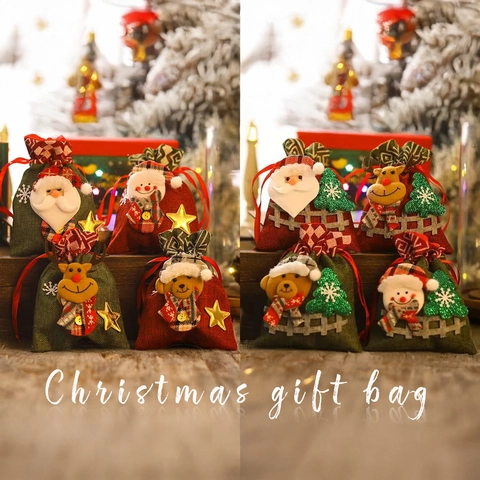 Sacchetto Regalo Di Natale Coulisse Trama Tela Di Iuta 3D Cartone Animato Babbo Natale Pupazzo Di Neve Renna Orso