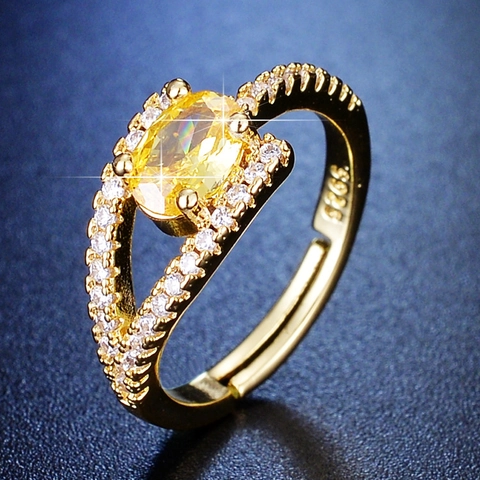 Verstelbare Ring Dames Ovale Gele Zirkoon Verguld Koper Micro Pave Luxe Elegante Sieraden