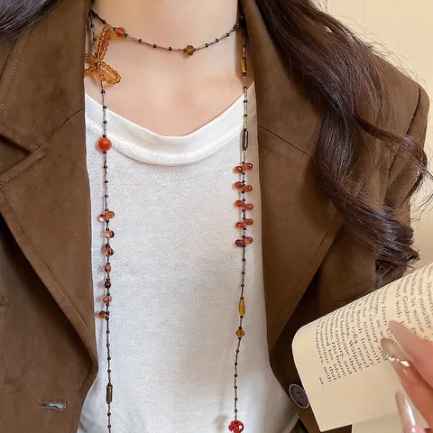 Collana Lunga Di Perline Vintage Cristallo Vetro Agata Perline Fiocco Ciondolo Fungo Rosso Stile Mori Gioielli Etnici