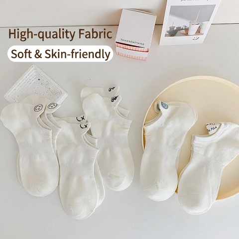 Chaussettes Invisibles Femmes Coton Respirant Basse Chaussettes Courtes Broderie Smiley Antidérapant Blanc