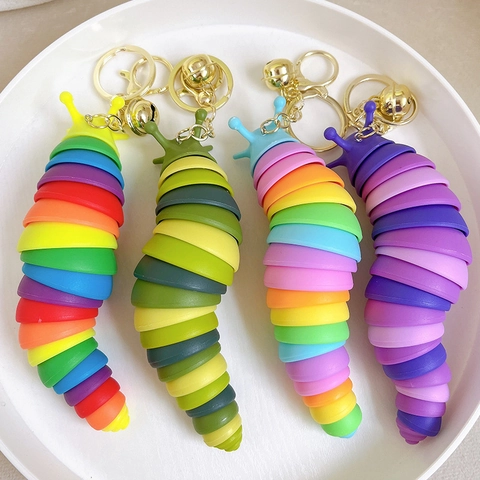 Portachiavi Bruco Lumaca Fidget Plastica Flessibile Snodabile Giocattolo Sensoriale Antistress Cartone Animato Carino Colorato Con Campanello In Metallo