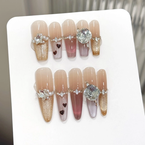 Uñas Postizas Press On Hechas A Mano Degradado Rosa Ojo De Gato Rhinestone Perla Artificial Corazón Decoración Larga Forma Almendra