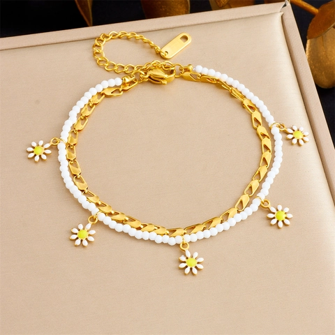 Daisy Doppelschichtige Fußkette Edelstahl Weiße Reisperlen Pastorale Sommer Strand Fußkette Schmuck Für Damen