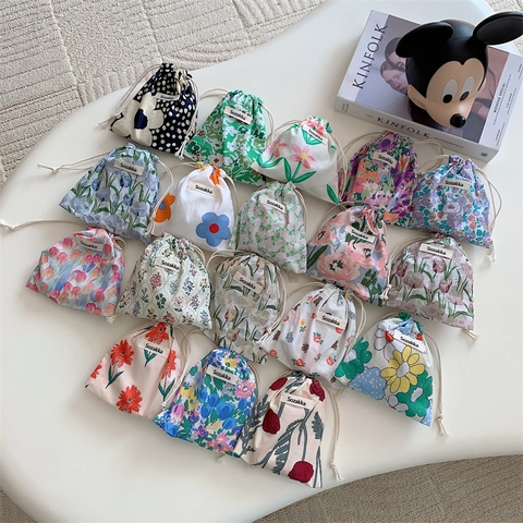 Mini Floral Drawstring Pouch Bag Cotton Linen Portable Storage Sack For Cosmetics Jewelry Sundries Pastoral Style