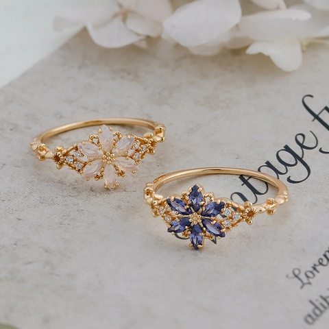 French Vintage 925 Sterling Silver 14K Gold Plated Tanzanite Ring Necklace Set Elegant Snowflake Flower Jewelry For Women