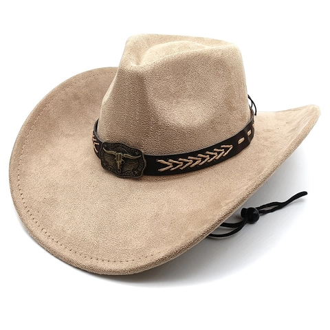 Retro Western Cowboy Hat Faux Suede Wide Brim Bull Skull Buckle Belt Ethnic Style Outdoor Unisex Adjustable Wind Rope