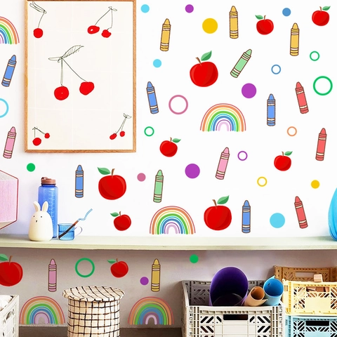 Colorful Cartoon PVC Wall Stickers Self-Adhesive Classroom Rules Rainbow Fruit Decals For Kids Room Nursery School Decoration