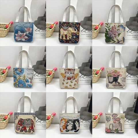 Small Canvas Tote Bag Woven Tapestry Handbag With Embroidery Floral Elephant Pattern Casual Daily Fashion For Women