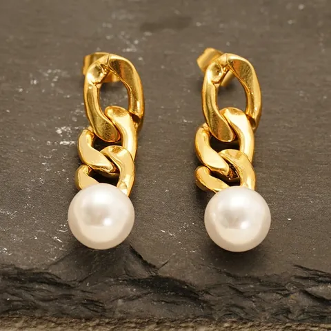 18K Vergulde Roestvrijstalen Schakelketting Druppeloorbellen Met Kunstparel Voor Vrouwen Minimalistische Geometrische Stijl Mode