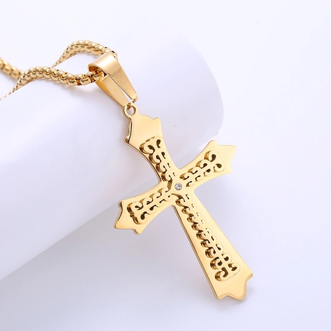Dubbellaagse Holle Kruis Hanger Ketting 316L Roestvrij Staal Strass Religieuze Mode Sieraden Voor Heren En Dames