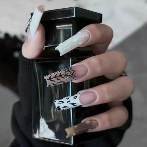 Halloween Spider Press On Nails 3D Alloy Rhinestone Water Drops Long Coffin Fake Nails Gothic Punk Leopard Print