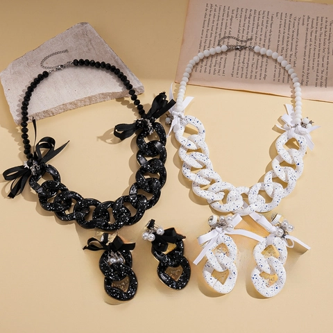 Collana E Orecchini Catena Acrilica Grossa Con Fiocco Nastro Perla Artificial Imitazione Stella Perno Argento Per Donna