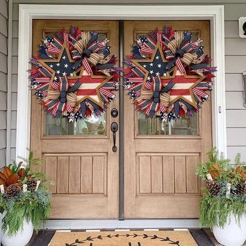 Patriotic Independence Day Wreath Wood Stars Burlap Bow Red White Blue Decoration For July 4th Front Door Wall Party Home