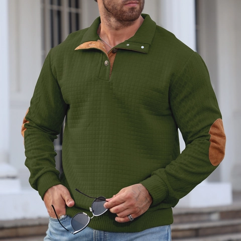 Heren Sweatshirt Wafelbreisel Jacquard Vierkante Textuur Reverskraag Knoop Lange Mouwen Casual Outdoor Met Elleboogstukken