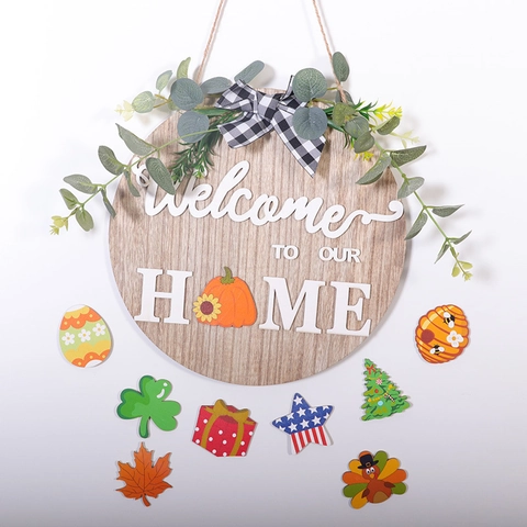 Welcome To Our Home Door Sign Round Wooden Hanging With Interchangeable Icons Seasonal Holiday Rustic Farmhouse Decor