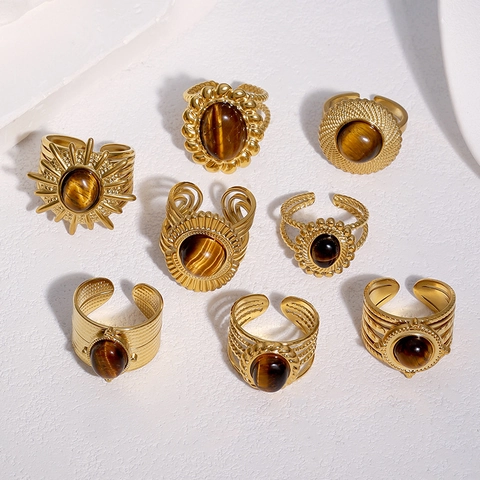 Edelstahlringe Für Damen 18K Vergoldet Tigerauge Stein Verstellbar Offen Vintage Böhmischer Ethnoschmuck