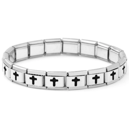 Pulsera De Abalorios Italiana De Acero Inoxidable Con Patrón De Cruz Eslabón Modular Elástico Unisex