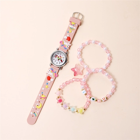Kinder Quarz Uhr Perlen Armbänder Einhorn Regenbogen Muster Silikon Legierung Analog Anzeige Täglich Student Rosa Accessoire