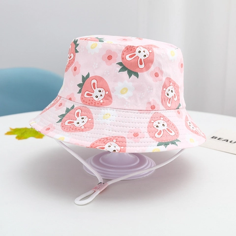 Kids Bucket Hat Cotton Sun Protection Windproof Adjustable Strap Cartoon Animal Fruit Pattern Outdoor Toddler