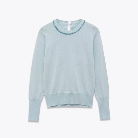 Damen Strickpullover Langarm Rundhalsausschnitt Blau Strass Verziert Schlüsselloch Hinten Elegant Polyester