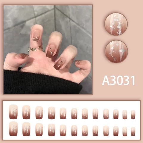 Amber Gradient Press On Nails Resin Silver Glitter Star Square Round Elegant Luxury False Nails Women