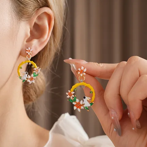 Orecchini Pendenti A Corona Vintage Lega Smalto Coniglio Fiore Strass Con Perno In Argento Gioielli Retrò Per Donna