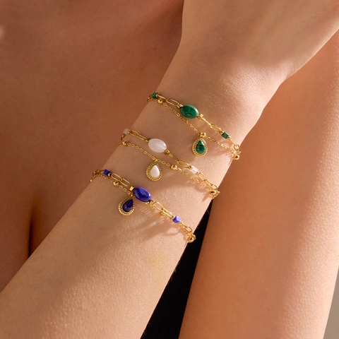 Bohemian Double Layer Stainless Steel Bracelet With Natural Stone Pendant Gold Plated Fashion Hand Jewelry For Women Daily Dating