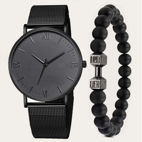 Men's Business Quartz Watch Set With Black Mesh Strap Roman Numerals Dial And Dumbbell Charm Bracelet Minimalist Jewelry