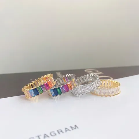 S925 Sterling Silver Eternity Ring Baguette Zirconia Rainbow Inlaid Gold Plated Engagement Band Jewelry Gift For Women