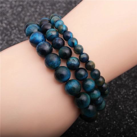 Natural Blue Tiger Eye Beaded Bracelet Round Stone Elastic Strand Jewelry For Men Women Handmade Fashion Accessory