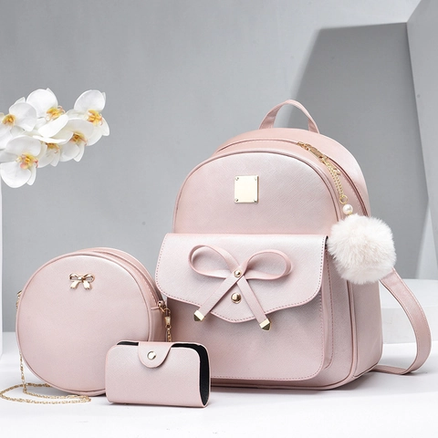 Women's Backpack And Round Crossbody Bag And Card Holder PU Synthetic Leather Saffiano Bowknot Decoration Fashion Daypack