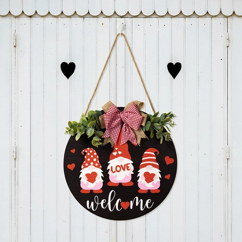 Targa Di Benvenuto In Legno Rotonda Con Gnomi Cuore Amore Foglie Di Eucalipto E Fiocco A Quadri Decorazione Casa