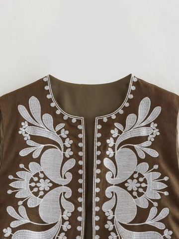 Damen Ethno Weste Mit Blumenstickerei Vintage Braun Ärmellos Offene Front Kurze Bohemian Oberbekleidung Weste Top