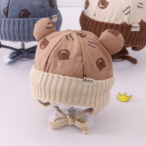 Cappello Protezione Orecchie Bambini Velluto A Coste Maglia Orecchie Orso Stampa Cartone Animato Inverno Caldo Esterno