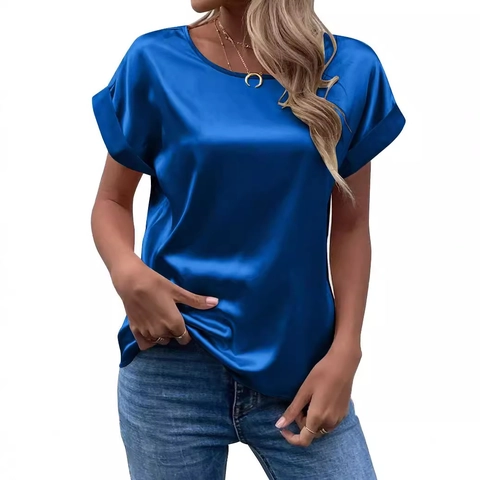 Satin Kurzarm T-Shirt Damen Rundhals Rollbündchen Elegant Büro Pullover Bluse Gerader Schnitt Seidig Top
