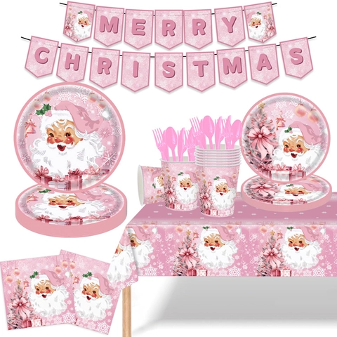 Stoviglie Per Feste Di Natale Rosa Banner Tovaglia Piatti Di Carta Bicchieri Tovaglioli Posate Di Plastica Babbo Natale Vintage Decorazione Festiva
