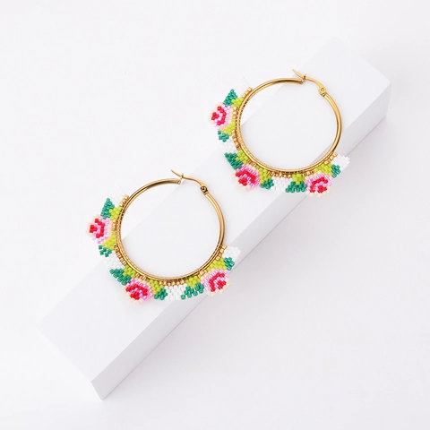 Handmade Beaded Hoop Earrings Bohemian Ethnic Miyuki Glass Seed Beads Colorful Flower Geometric Large Round Circle Women