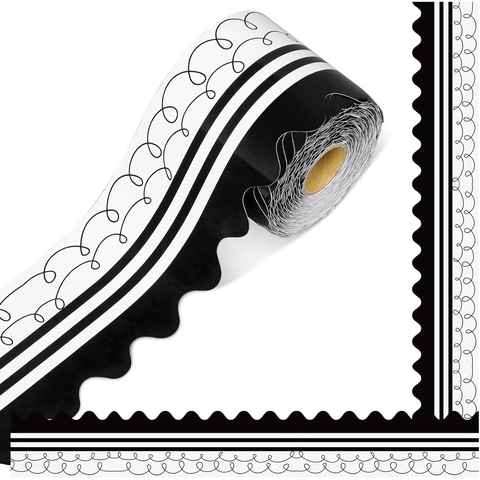Bulletin Board Borders Black And White Scalloped Trim Stickers Coated Paper Wave Pattern Classroom Blackboard Decoration Roll