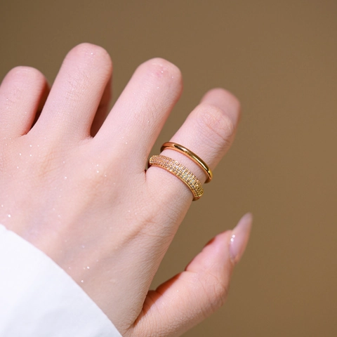 Double Layer Open Ring Copper 18K Gold Plated Cubic Zirconia Pave Setting Adjustable Minimalist Geometric Jewelry Women