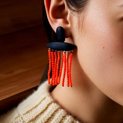 Orecchini Etnici Con Nappe In Legno E Perline Di Pietra Arancione Perno In Argento Stile Boho Vintage