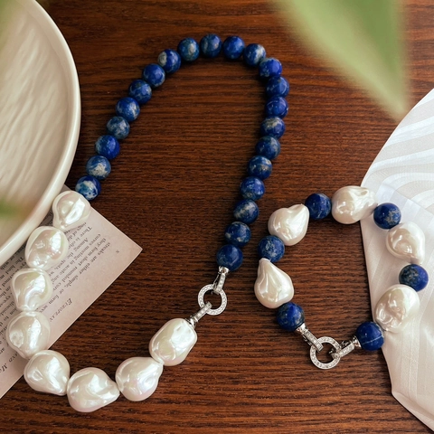 Vintage Lapis Lazuli Artificial Baroque Pearl Jewelry Set For Women Elegant Blue Stone Rhinestone Necklace Bracelet Set