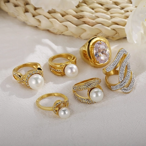 Gold Plated Stainless Steel Ring With Large Faux Artificial Pearl And Shiny Zircon Trendy Hollow Out Layered Finger Ring